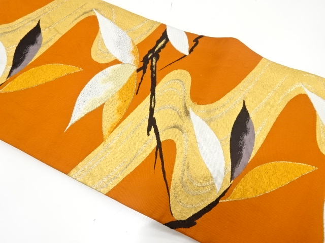 JAPANESE KIMONO / ANTIQUE NAGOYA OBI / SILK / WOVEN STREAM & LEAVES